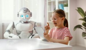 girl is playing with a robot