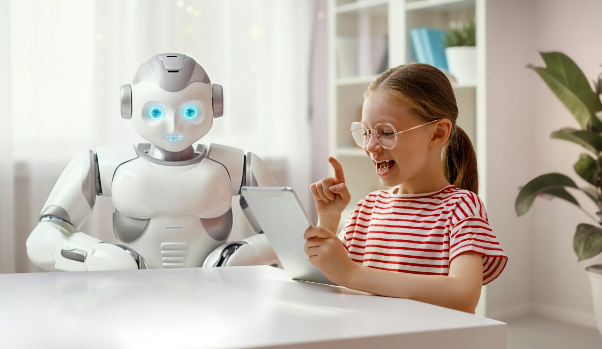 girl is playing with a robot